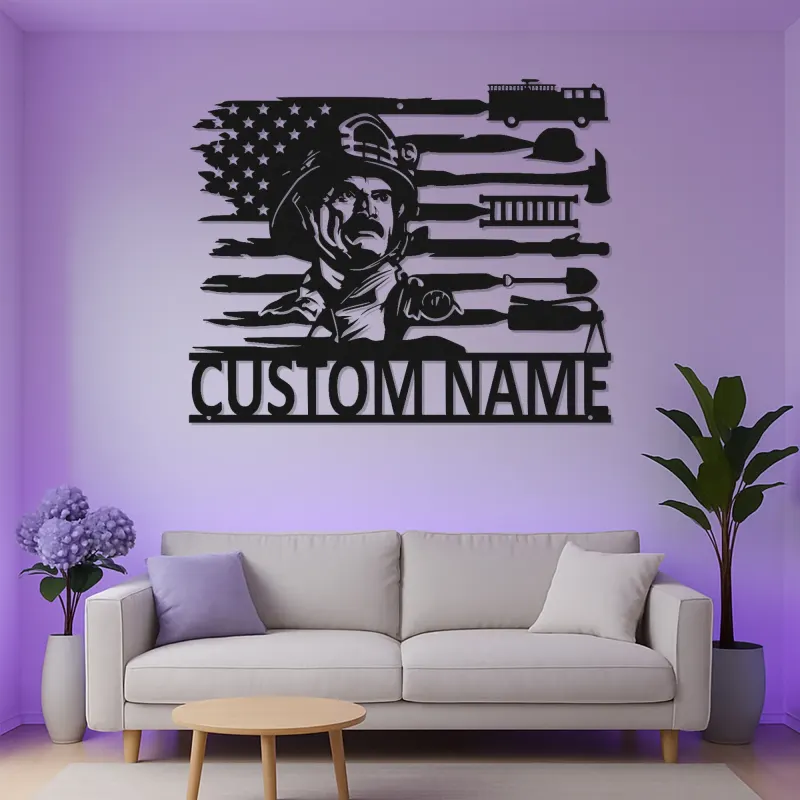 Cartel de Metal de Bombero Personalizado con LED | Arte Mural LED Patriótico de Bandera Americana para Regalo de Bombero