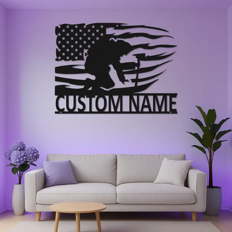 Insegna per Vigile del Fuoco Personalizzata | Arte Murale in Metallo LED Personalizzata | Regalo Patriottico per Decorazione Man Cave