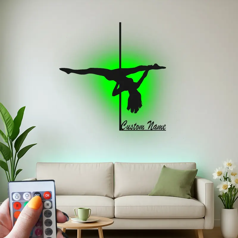 Custom Pole Dance Metal Sign | LED Name Art for Studio Decor | Personalized Dancer Gift | Gymnastics Wall Silhouette