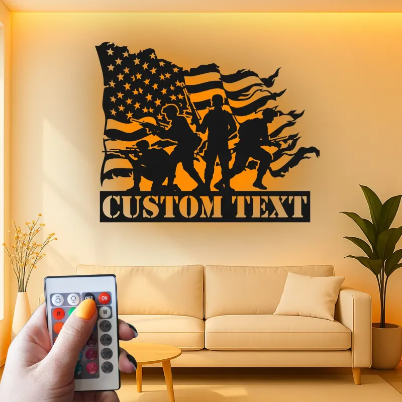 Custom Soldier Metal Sign | LED American Flag Wall Art | Patriotic Veteran Gift | Army Man Cave Decor