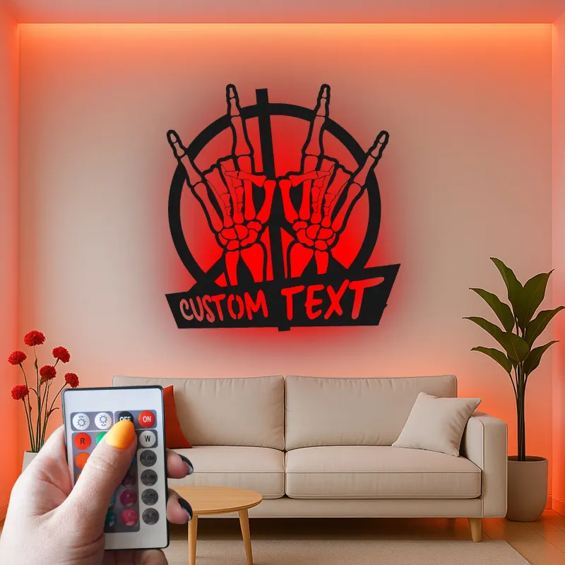 Insegna in metallo personalizzata con mano scheletrica e segno di pace luce LED regalo unico per fan della musica decorazione camera musicale