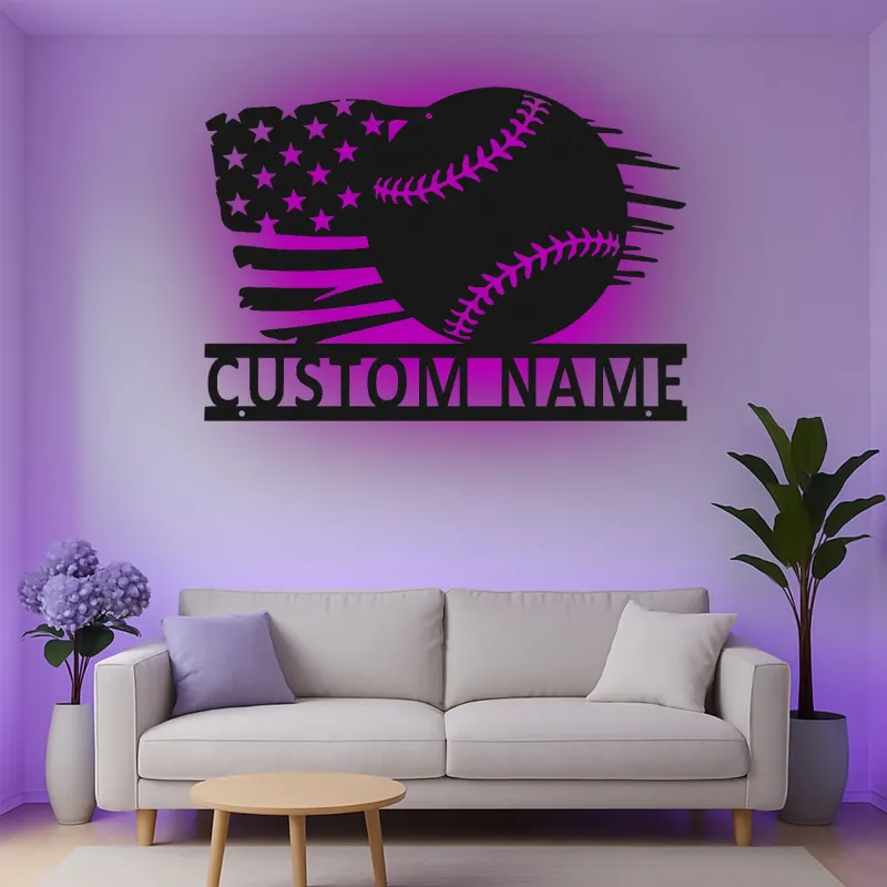Insegna in metallo personalizzata con luce LED bandiera americana per baseball, regalo sportivo per fan del baseball, decorazione per sala giochi