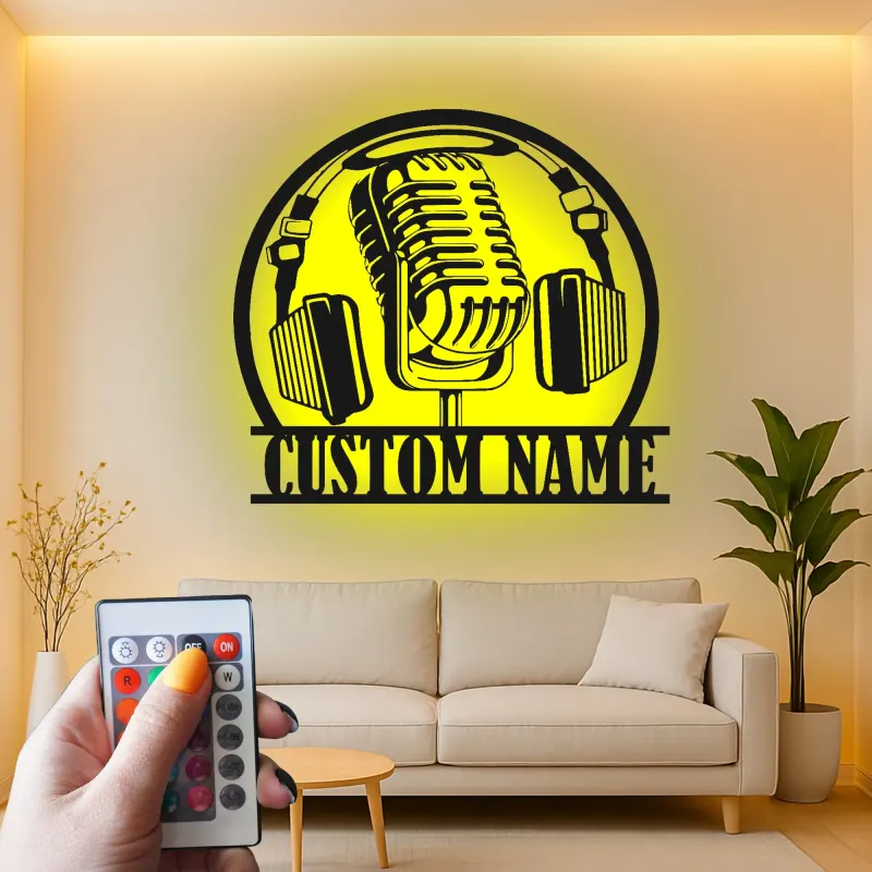 Individuelles Podcast-Studioschild | Vintage Mikrofon Metallkunst mit RGB-LED-Lichtern | Personalisierte Musiker Namensdekoration