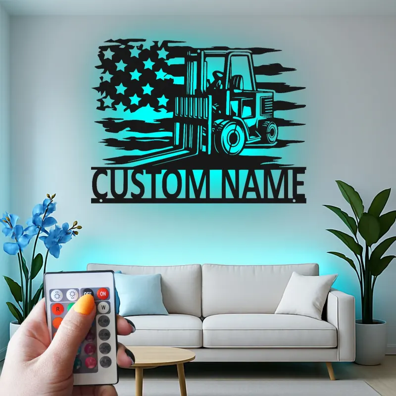 Enseigne en métal personnalisée pour chariot élévateur avec LED | Décoration industrielle avec prénom | Décor de garage et cadeau pour lui | Décoration murale drapeau américain