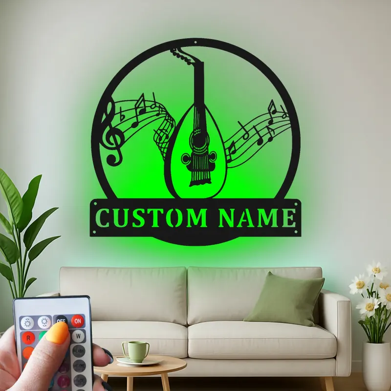 Panneau personnalisé en forme d'oud | Art mural en métal avec rétroéclairage LED | Cadeau personnalisé pour musicien | Décor de salle de musique