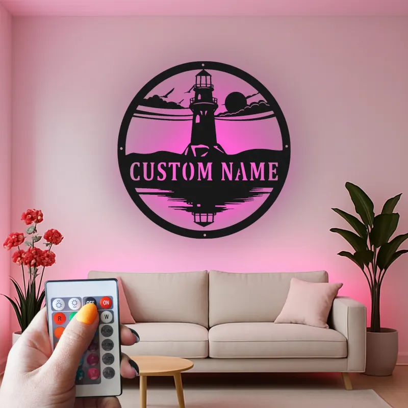 Panneau en métal phare LED personnalisé | Art mural nautique personnalisé | Décor côtier et maison de plage