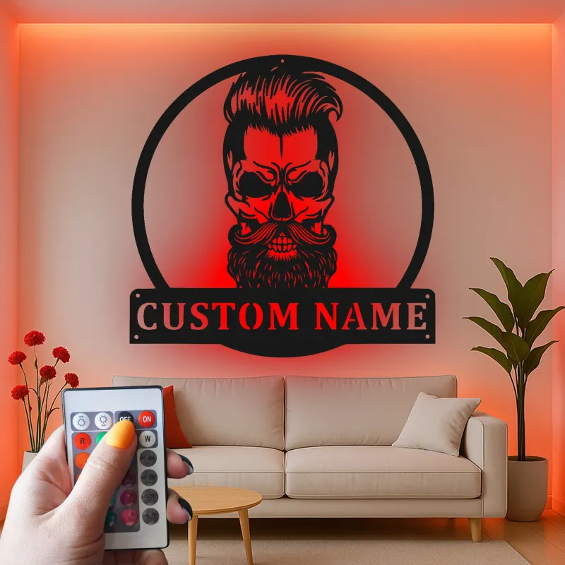 Insegna in metallo personalizzata con luci LED a forma di teschio barbuto - Regalo unico per lui - Decorazione per man cave o garage