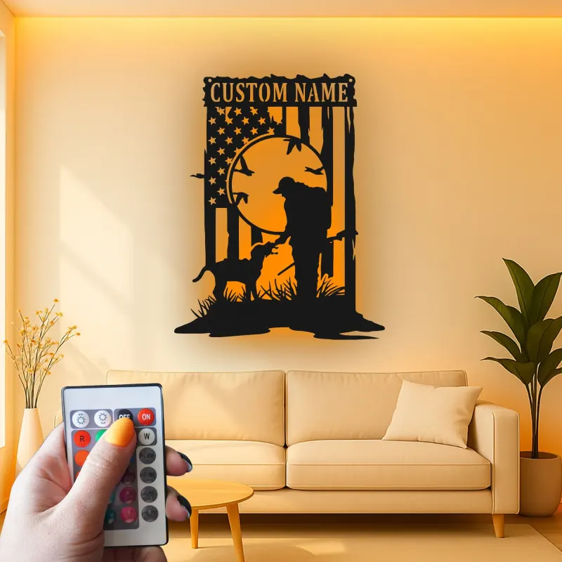 Insegna in metallo personalizzata con luce LED per cacciatori e cani, regalo personalizzato per amanti dell'outdoor, decorazione per man cave
