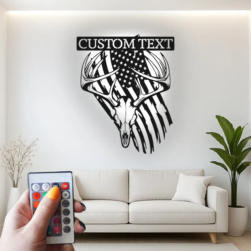 Custom Deer Skull with American Flag Led Light Metal Wall Art Personalized Gift for Hunter Rustic Man Cave Decor