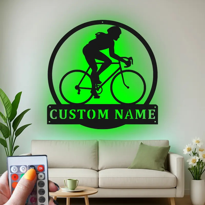 Custom Cyclist Led Light Metal Wall Art Personalized Gift for Biking Enthusiasts Garage or Home Gym Decor