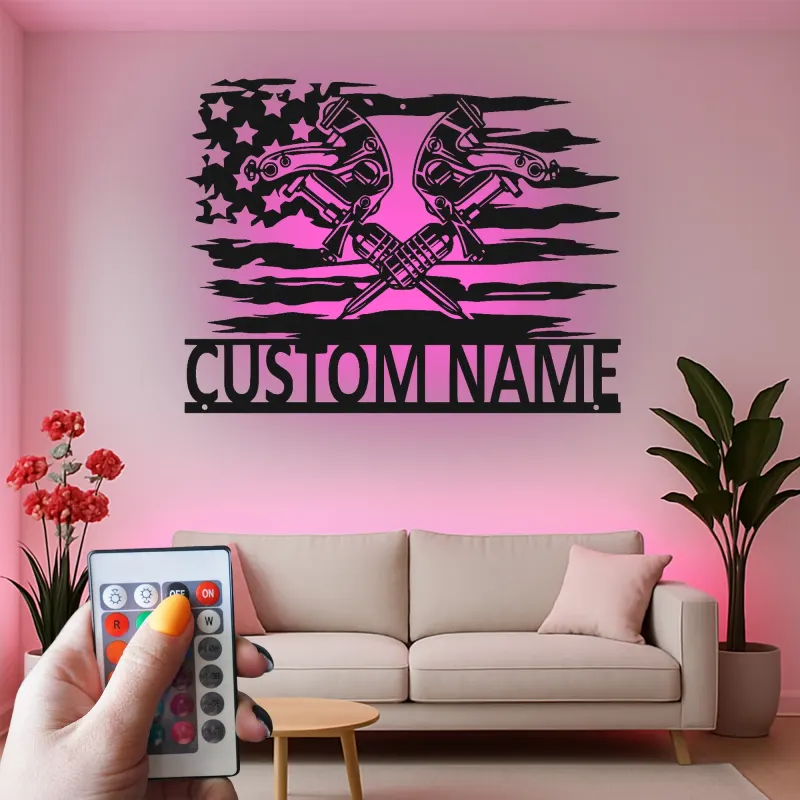 Décoration murale en métal personnalisée avec clés à molette et drapeau américain rétroéclairé - Cadeau pour mécanicien