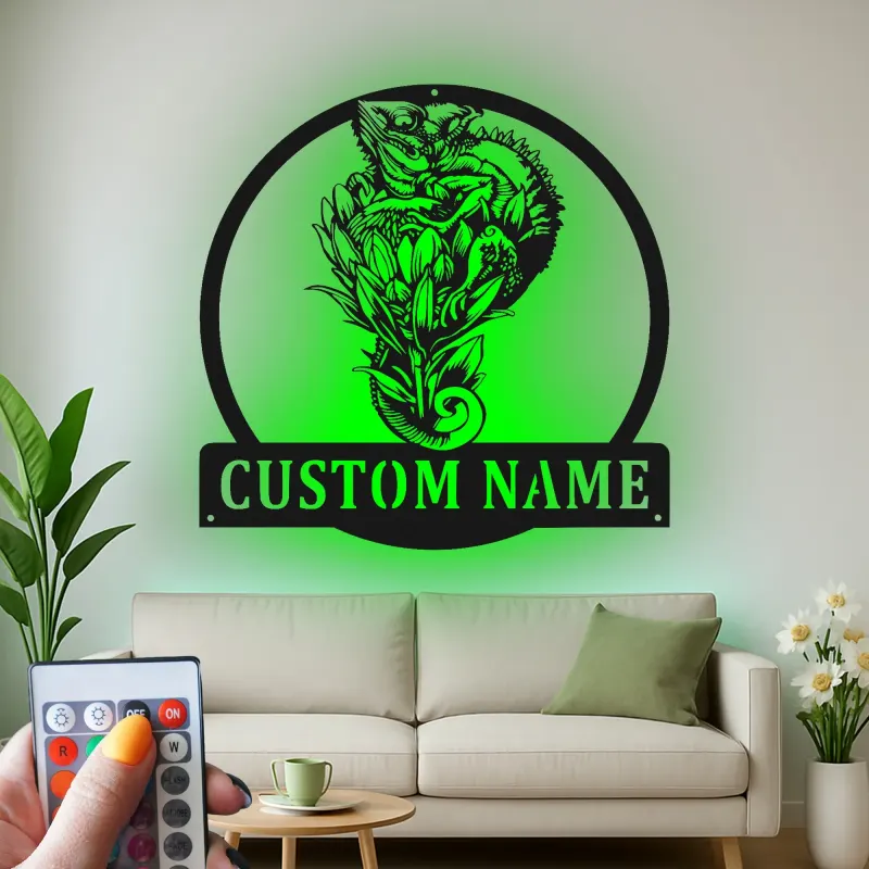 Personalisierte LED-Metall-Wandkunst mit Chamäleon und Blumen – einzigartiges Geschenk für Naturliebhaber, Wohn- oder Gartendeko