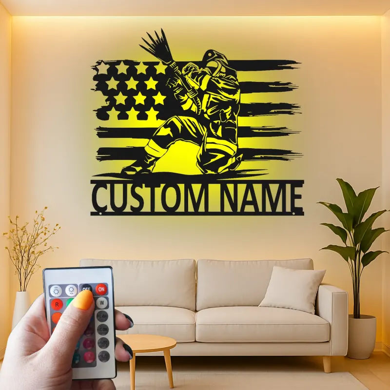 Panneau LED personnalisé pour pompier | Décoration murale en métal personnalisée avec drapeau américain | Cadeau patriotique pour pompier | Décor de caserne