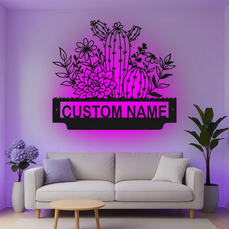 Custom Cactus Succulent Led Light Metal Wall Art Personalized Gift for Plant Lovers Bedroom or Living Room Decor