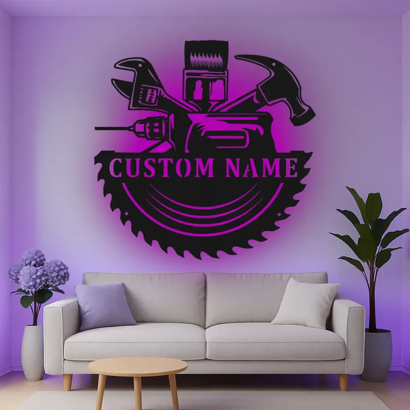 Custom Tool Set Led Light Metal Wall Art Personalized Gift for Handyman Garage or Workshop Decor 2