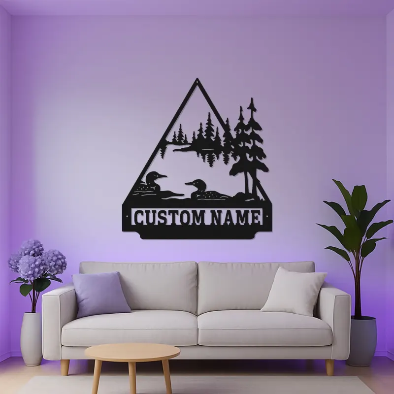 Insegna in metallo personalizzata con strolaga maggiore sul lago | Arte da parete LED per baita | Decorazione rustica con fauna selvatica e bosco | Regalo personalizzato per amanti della natura