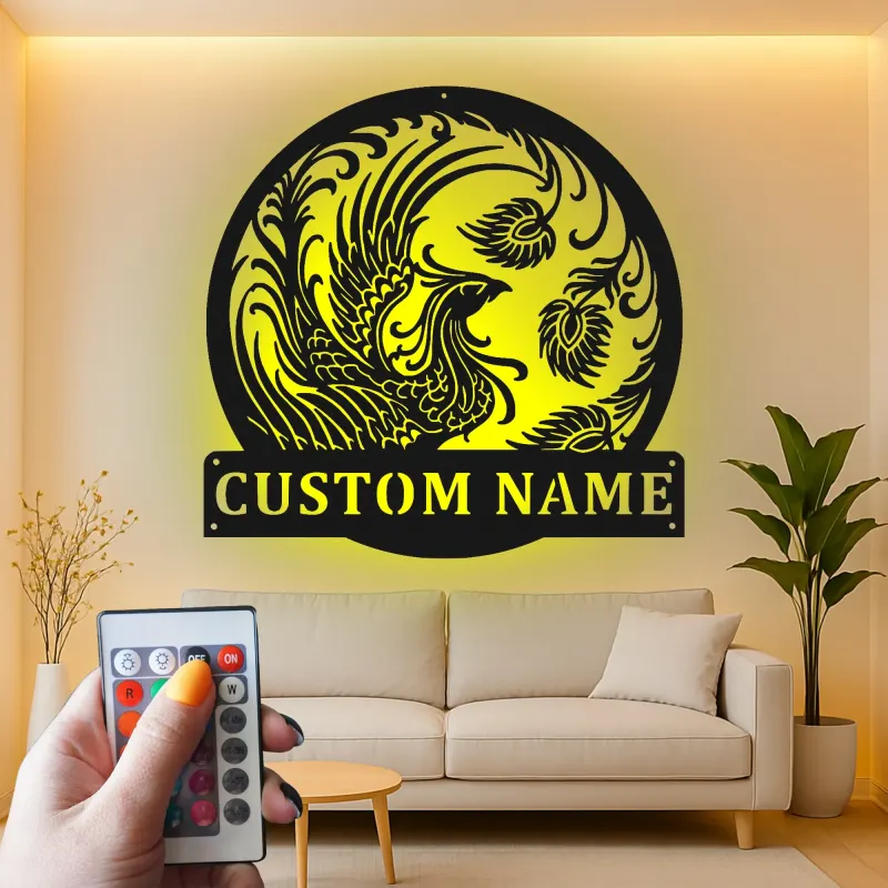 Panneau en métal personnalisé Phoenix Rising | Art mural rétroéclairé pour bureau et studio | Logo mythique Firebird personnalisé