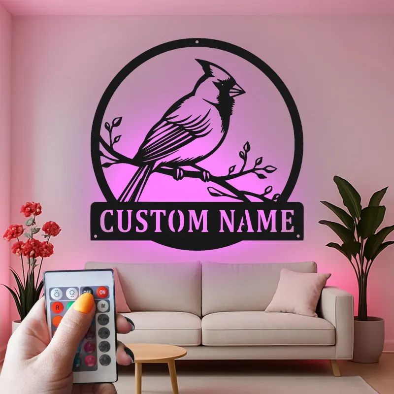 Décoration murale en métal personnalisée avec lumière LED en forme de cardinal - Cadeau pour amoureux de la nature - Décor de jardin ou de patio