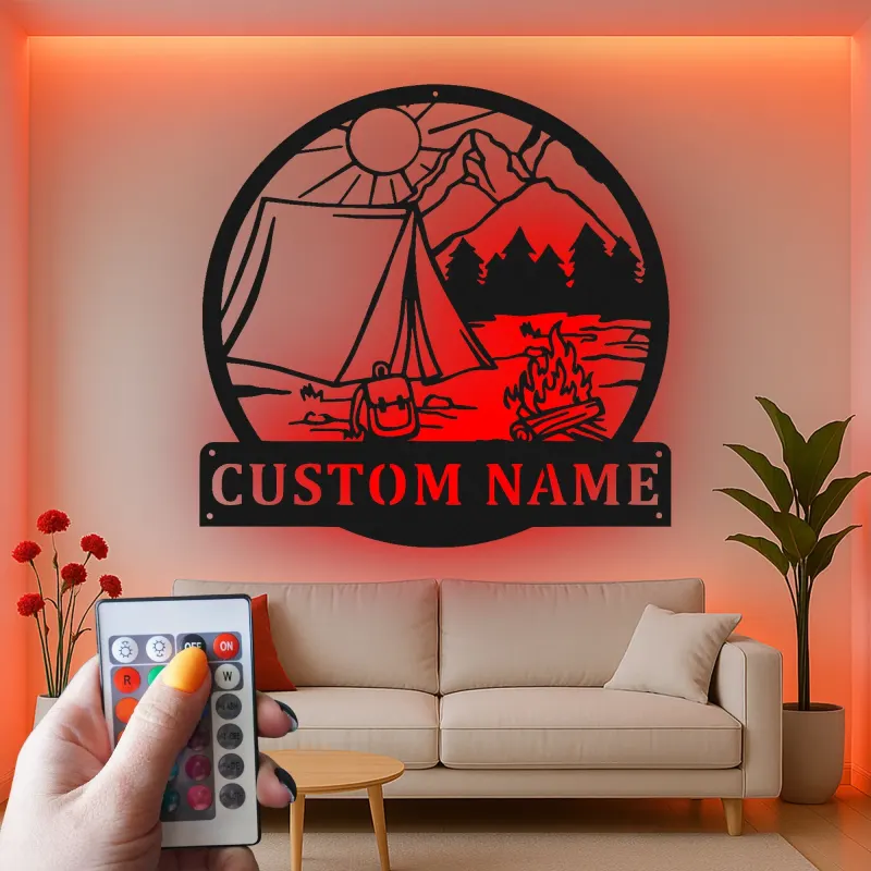Custom Camping Scene Led Light Metal Wall Art Personalized Outdoor Enthusiast Gift Cabin or RV Decor 3