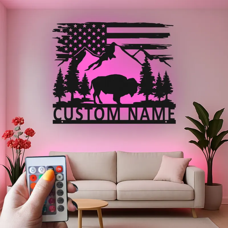 Custom Bison and Mountains Led Light Metal Wall Art Personalized Nature Lover Gift Rustic Cabin Decor