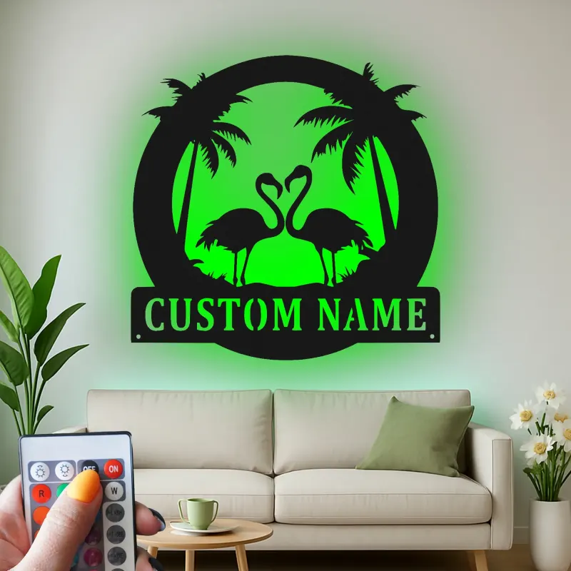 Panneau en métal Flamant Rose personnalisé | Art mural LED tropical | Décor de nom de maison de plage personnalisé | Cadeau décor de coucher de soleil
