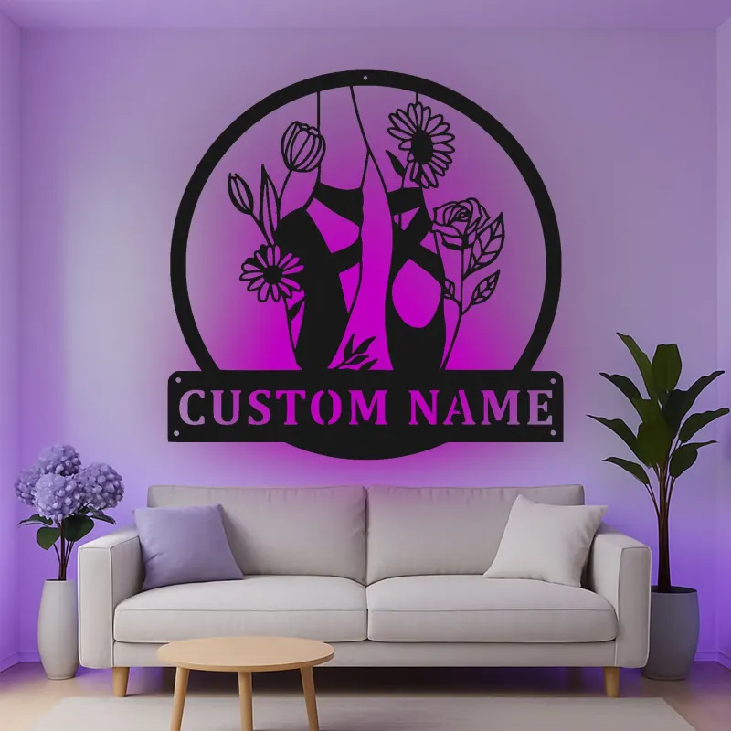 Décoration murale en métal personnalisée Chaussures de ballet avec fleurs et rétroéclairage LED Cadeau pour danseurs Décor de studio
