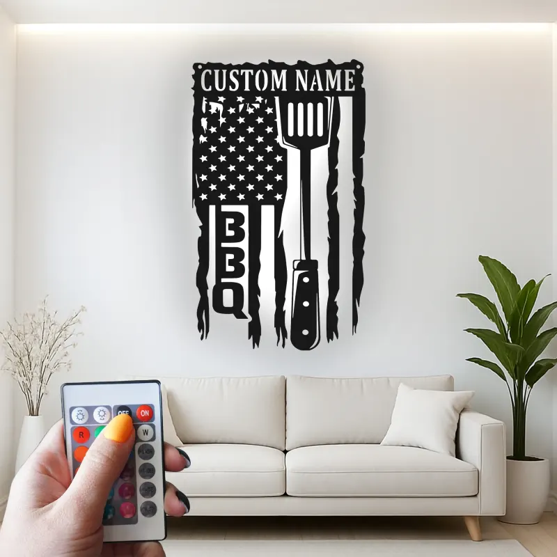 Cartel de metal personalizado con espátula BBQ y luz LED, regalo para el maestro de la parrilla, decoración para el patio exterior