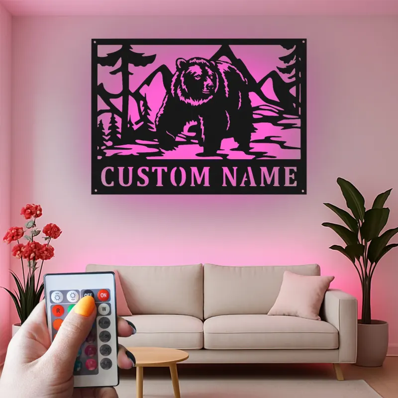 Décoration murale en métal personnalisée Bear Mountain avec rétroéclairage LED - Cadeau pour les amoureux de la nature, décoration de chalet ou de lodge