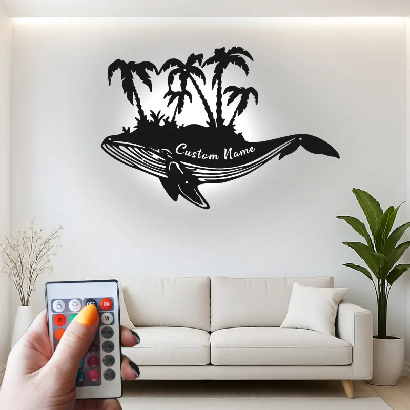 Décoration murale en métal personnalisée avec baleine et palmiers, lumière LED, cadeau unique pour les amoureux de l'océan, décoration de maison de plage