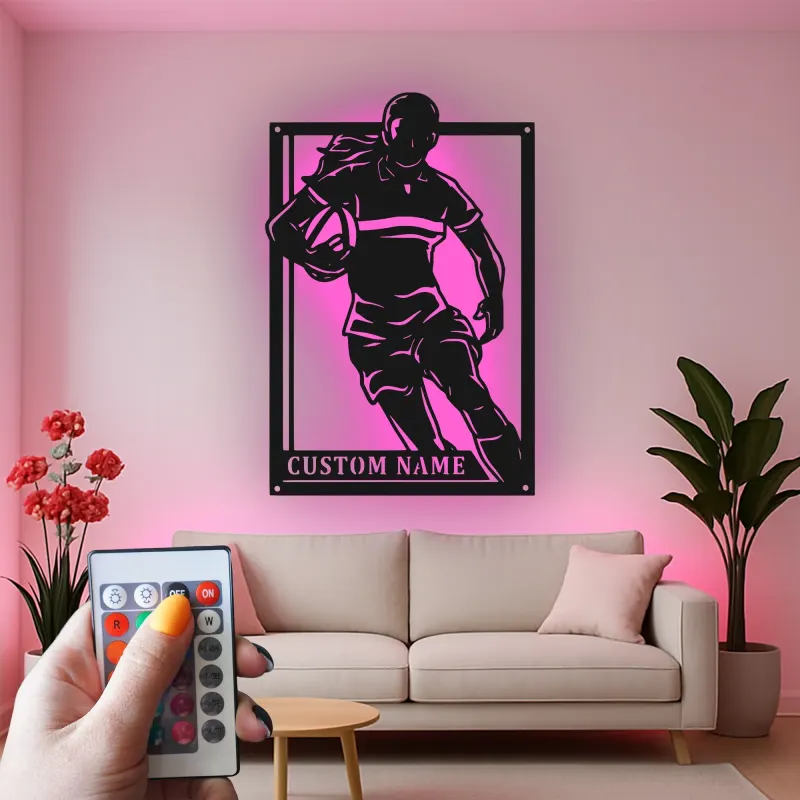 Insegna in metallo LED personalizzata per giocatrice di rugby | Decorazione murale per atleta con nome | Regalo per camera da ragazza rugbista