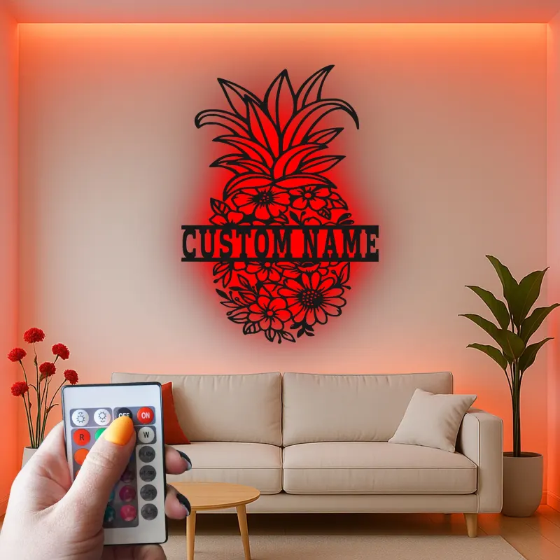 Insegna in metallo a forma di ananas personalizzata con LED | Arte murale floreale su misura | Decorazione tropicale per cucina e patio | Regalo originale per la nuova casa