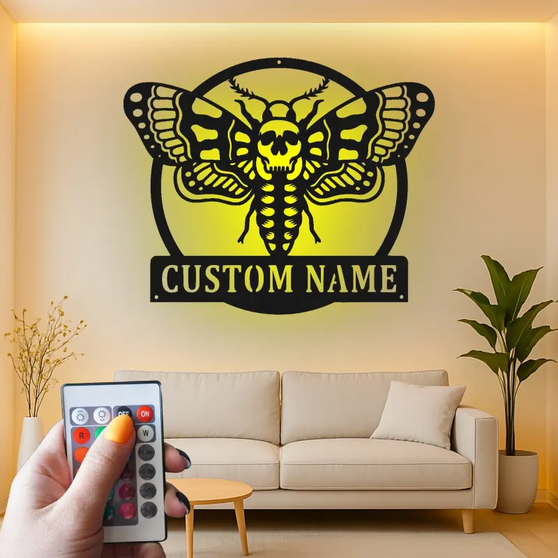 Cartel LED de polilla de cabeza de muerte personalizado | Arte mural de metal | Silueta de polilla de calavera | Regalo para habitación de Dark Academia