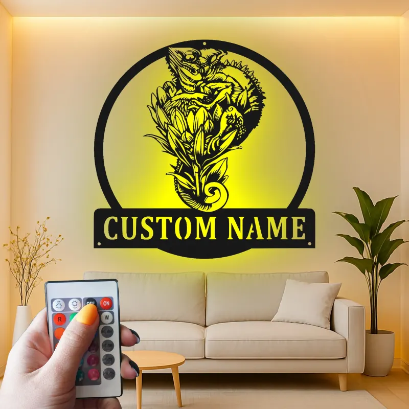 Personalisierte LED-Metall-Wandkunst mit Chamäleon und Blumen – einzigartiges Geschenk für Naturliebhaber, Wohn- oder Gartendeko