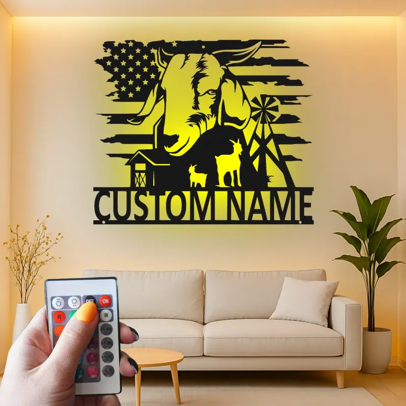 Panneau en métal personnalisé avec chèvre et LED | Déco de ferme personnalisée avec drapeau américain | Art mural rustique de grange | Cadeau pour agriculteur