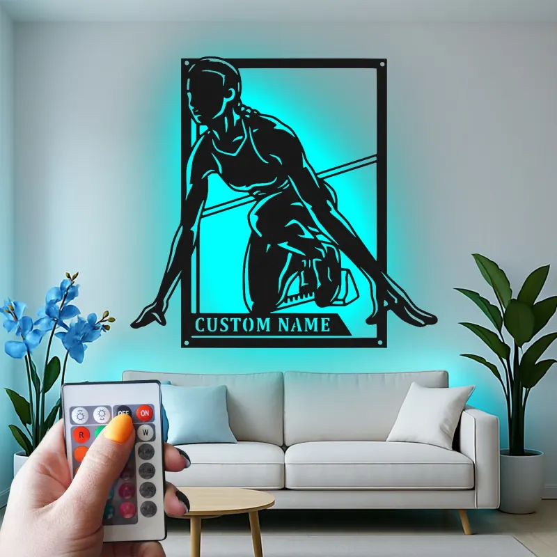 Décoration murale en métal personnalisée pour sprinteuse | Plaque coureuse personnalisée avec lumière LED | Cadeau pour athlète, coach d’athlétisme