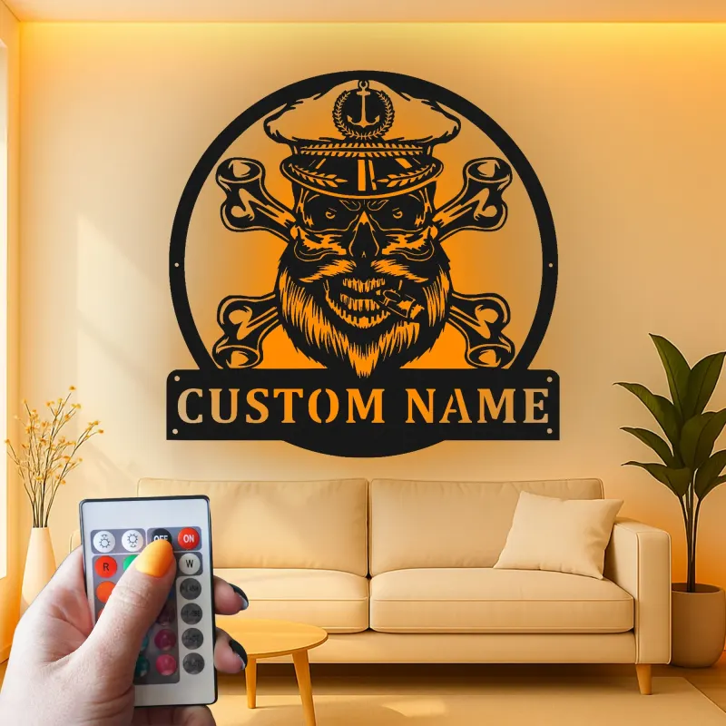 Letrero LED de Calavera Pirata Personalizado | Decoración Mural de Metal Personalizada | Decoración Náutica para Man Cave | Regalo de Huesos de Marinero