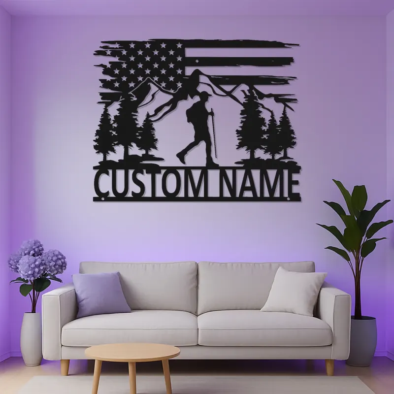 Arte mural de metal personalizado para senderismo | Letrero LED con senderista y bandera de EE. UU. | Regalo para amantes del aire libre