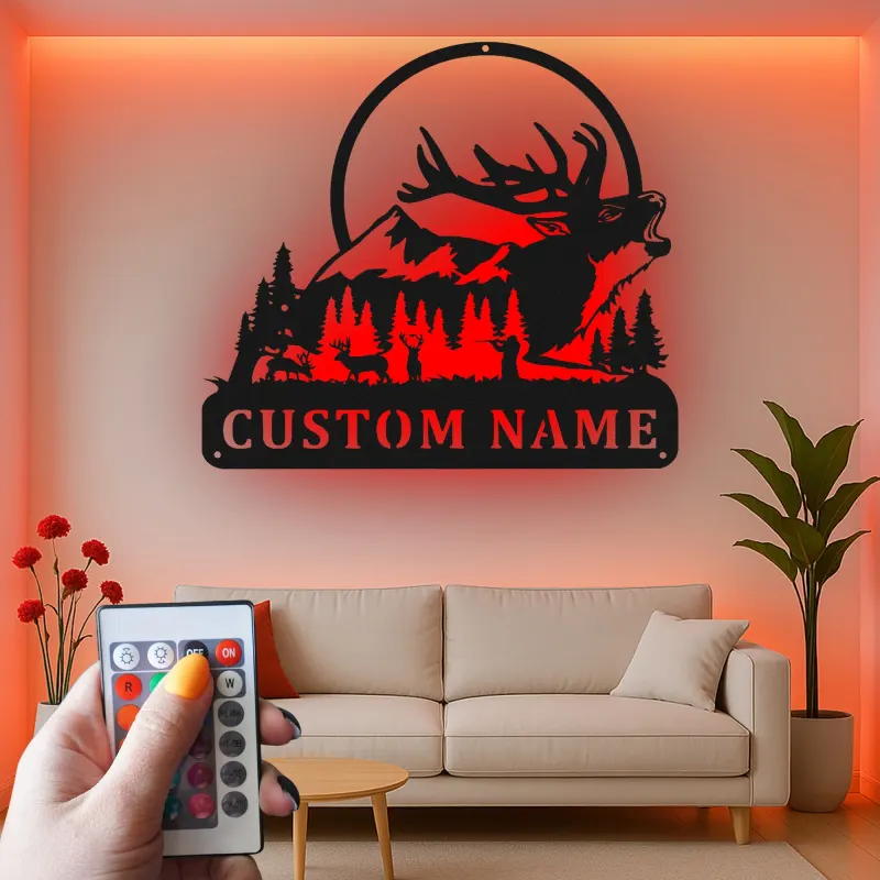 Décoration murale en métal personnalisée pour la chasse au cerf avec rétroéclairage LED, cadeau personnalisé pour les chasseurs, décoration de cabane rustique 3