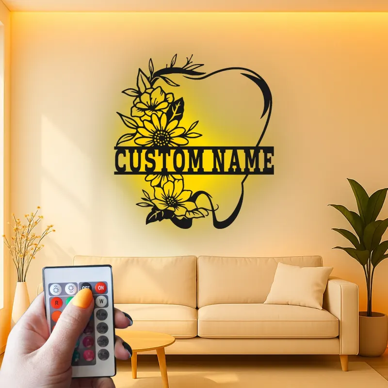 Custom Floral Tooth Led Light Metal Wall Art Personalized Dental Office Decor Unique Dentist Gift