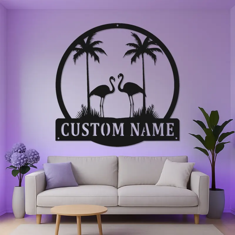Insegna in metallo personalizzata con fenicottero | Arte murale LED con palma personalizzata | Decorazione per casa al mare e regalo per patio esterno