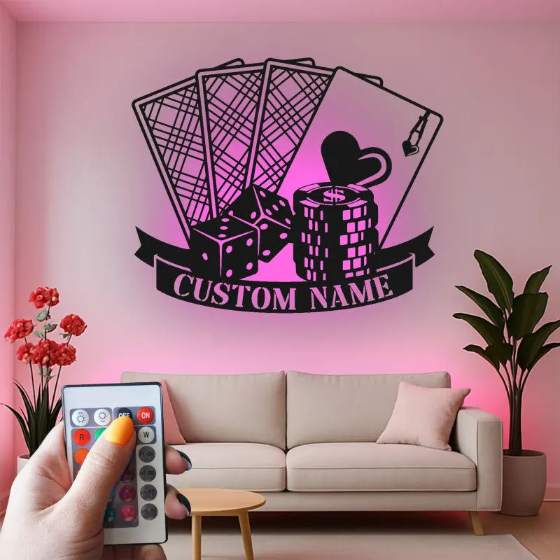 Personalized Poker LED Sign | Metal Game Room Decor | Custom Casino & Dice Wall Art | Gambling Gift for Him