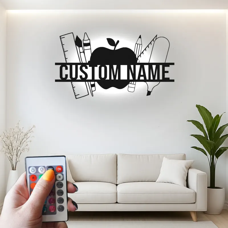 Cartel de nombre de profesor personalizado | Arte mural de metal LED en forma de manzana | Decoración de aula personalizada | Regalo de agradecimiento para profesores