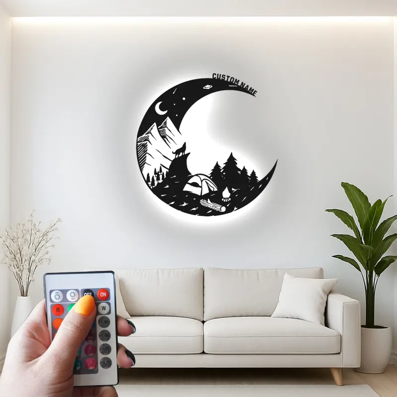 Insegna in metallo LED personalizzata con scena di campeggio regalo per appassionati di outdoor decor per cabin rustica