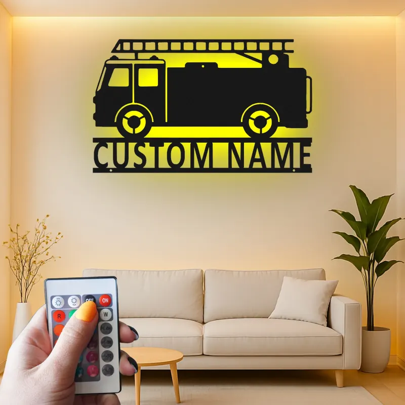 Personalized Fire Truck Metal Sign | LED Light Wall Art | Custom Firefighter Gift | Fire Station Decor