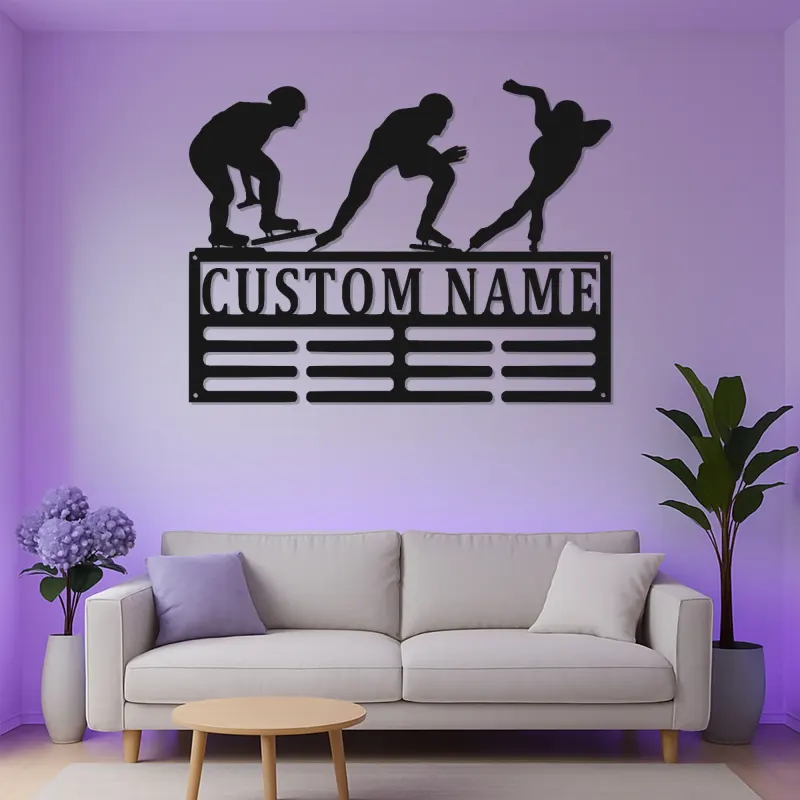 Individuelle LED Metall-Wandkunst für Eisschnelllauf | Personalisierte Silhouette eines Eiskunstläufers & Medaillenhalter | Geschenk für Sportler