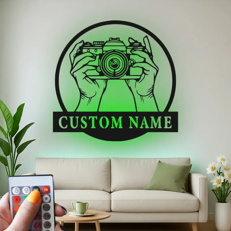 Fotograf LED-Schild | Individuelle Metall-Wandkunst für Studio-Dekor | Personalisierte Vintage-Kamera-Geschenk
