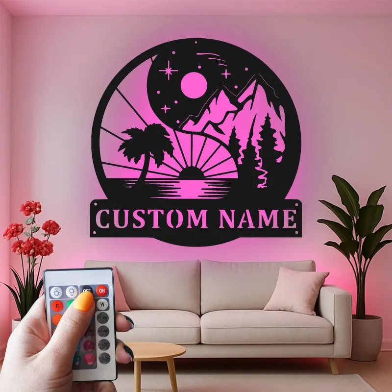 Personalized Yin Yang Metal Sign | LED Mountain Beach Art | Custom Name Decor for Home & Business