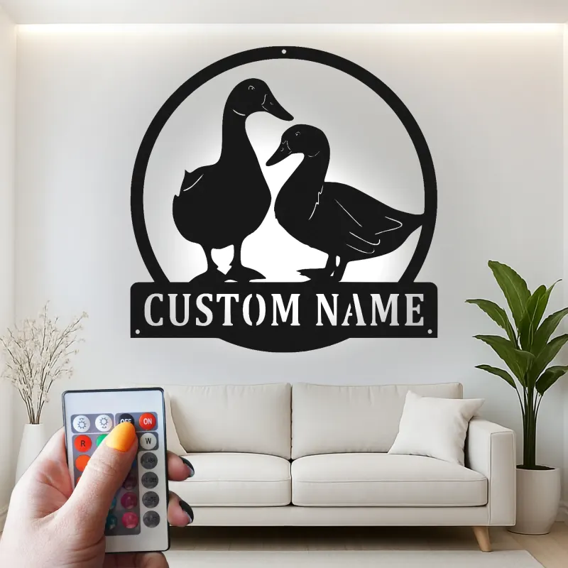 Insegna in metallo LED personalizzata con coppia di anatre - Regalo per fattoria, decorazione rustica per cucina o giardino