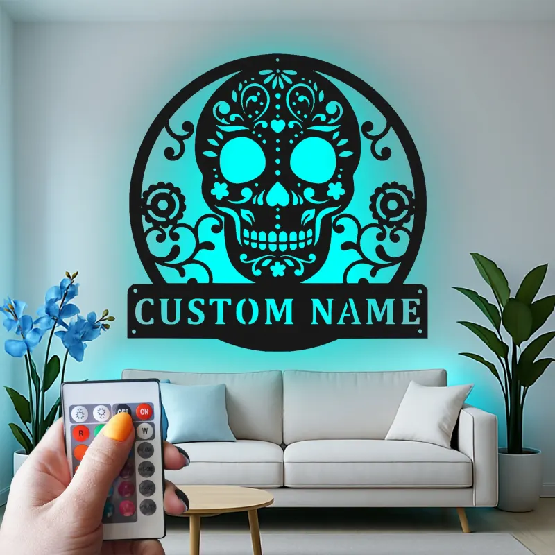 Custom Sugar Skull Metal Sign | Personalized LED Wall Art | Day of the Dead Decor | Gothic Home & Studio Accent Gift