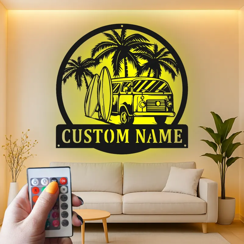 Custom Surf Van Led Light Metal Wall Art Personalized Beach Lover Gift Coastal Decor for Surf Enthusiasts